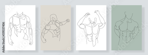 Continuous line male figure naked, strong muscular, healthy vector illustration hand drawn design print graphics style