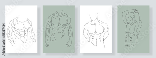 Continuous line male figure naked, strong muscular, healthy vector illustration hand drawn design print graphics style