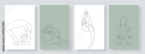 set of yoga  continuous line drawing of a woman s fitness yoga concept  vector health illustration