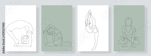 set of yoga, continuous line drawing of a woman's fitness yoga concept, vector health illustration