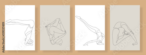 set of yoga, continuous line drawing of a woman's fitness yoga concept, vector health illustration