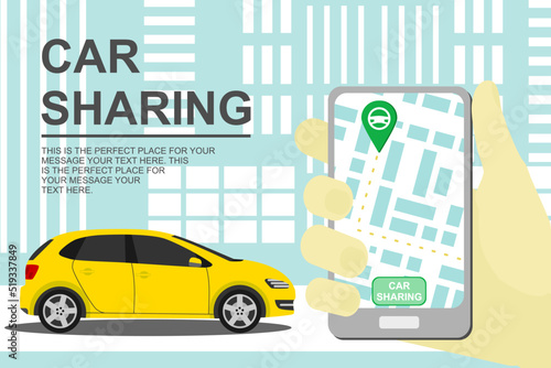 car sharing concept and smartphone with carsharing app. renting and carpooling banner on city background. rental auto service. automobile banner. vector Illustration 10 eps