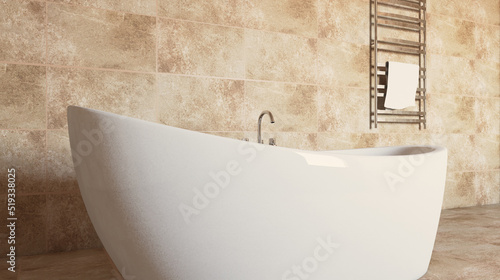 Spacious bathroom in gray tones with heated floors  freestanding tub. 3D rendering.