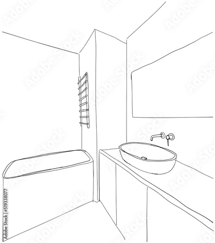 Hand drawn Bathroom sketch. Washbasin and other furniture