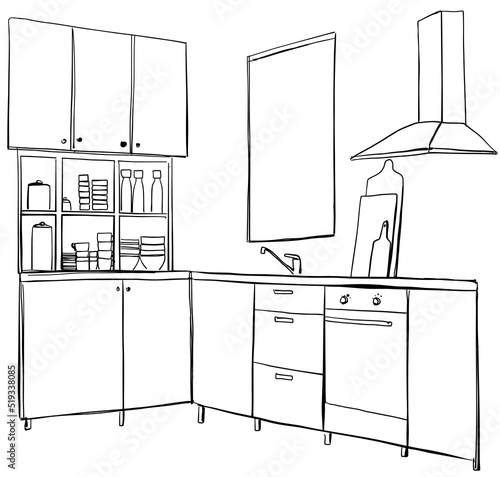Kitchen interior. Kitchen worktop with sink, kitchen hood and plate in line style.