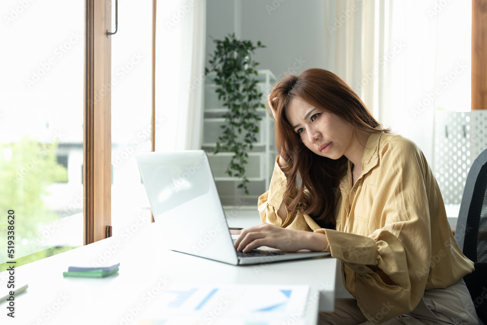 Tired asian business woman with headache at office, feeling sick at work, copy space Tired asian business woman with headache at office, feeling sick at work, copy space