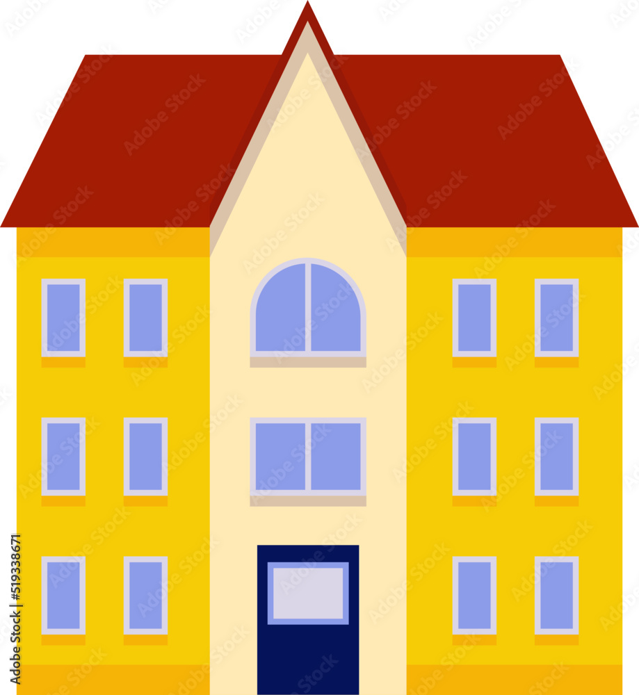 Vector simple drawing of a house. Yellow house with brown roof and blue windows. Three-storey building. Vector simple drawing of a house. Yellow house with brown roof and blue windows. Three-storey building.