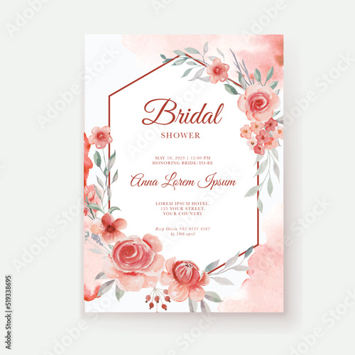 Rose red flower watercolor bridal shower invitation template