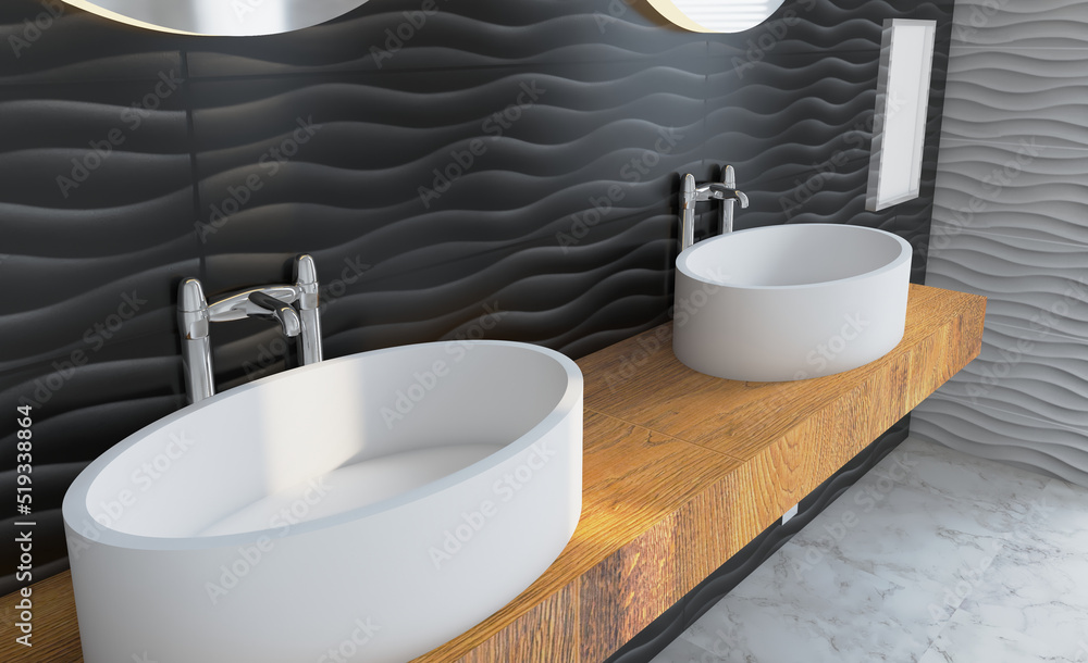 Fototapeta premium Scandinavian bathroom, classic vintage interior design. 3D rendering.. Mockup. Empty paintings