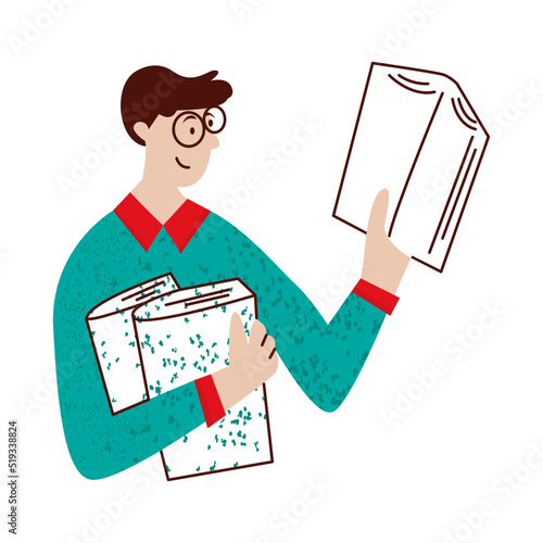 Young man a reading book vector flat illustration.