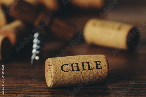 The concept of Chilean wine and winemaking. A wine cork with the name of the country 