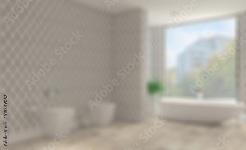 Spacious bathroom in gray tones with heated floors  freestanding. Abstract blur phototography.