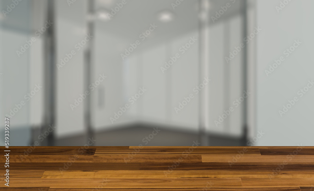 Blank office interior. Mockup. 3D rendering.. Background with empty wooden table. Flooring. Blank office interior. Mockup. 3D rendering.. Background with empty wooden table. Flooring.