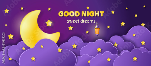 Good night and sweet dreams background design. Goodnight banner. Fluffy clouds and a golden moon against the backdrop of a night starry sky. Paper cut style. Vector illustration