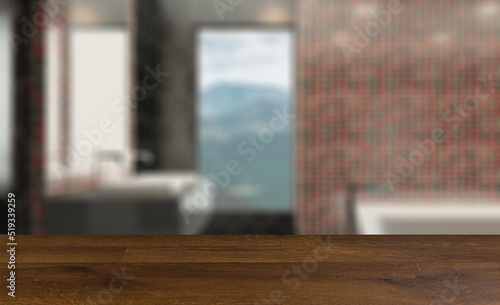 Modern Bathroom Interior Design. 3D rendering.. Background with empty wooden table. Flooring.