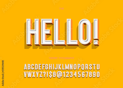 Vector hello bold font modern typography sans serif 3d style for book, promotion, poster, decoration, t shirt, sale banner, printing on fabric. Cool alphabet. Trendy typeface. 10 eps