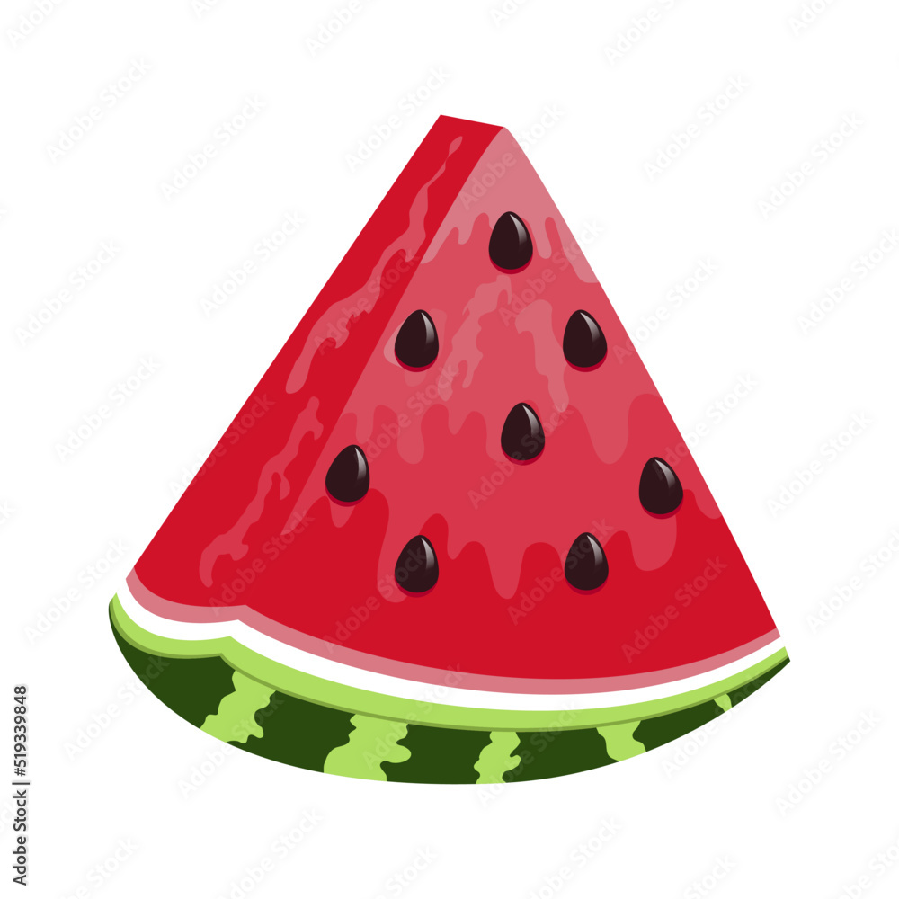 Watermelon piece isolated on white background. Illustration of 3d juicy red watermelon slice with pits Watermelon piece isolated on white background. Illustration of 3d juicy red watermelon slice with pits