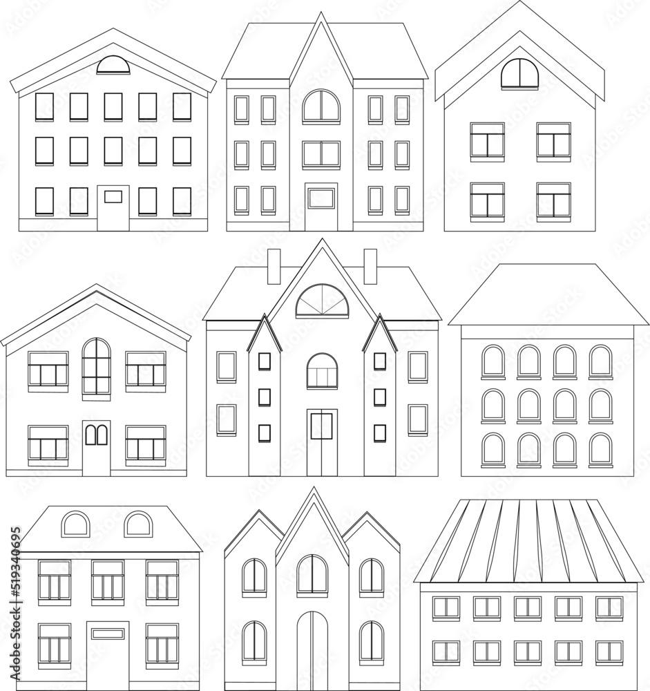 Vector coloring house. Simple drawing of houses for coloring. A set of houses from simple figures for coloring.