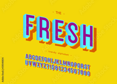 Vector fresh typeface bold style for logo, decoration, party poster, t shirt, book, greeting card, sale banner, printing on fabric. Cool alphabet 3d modern typography. Trendy font. 10 eps