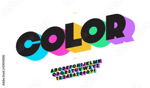Vector color font 3d bold style for banner, infographics, motion graphic, party poster, book, music, t shirt, flyer, decoration, printing, industrial. Cool typeface. Trendy alphabet. 10 eps