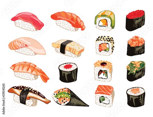 Sushi set. Rolls and sashimi traditional Asiancartoon vector illustration isolated on white background