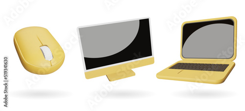 Realistic gadgets, laptop, monitor and wireless mouse floating over white background.