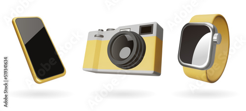 Realistic gadgets, camera, smartphone and smartwatch floating over white background.