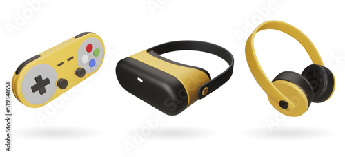 Realistic gadgets, gamepad, VR glasses and headphone floating over white background.