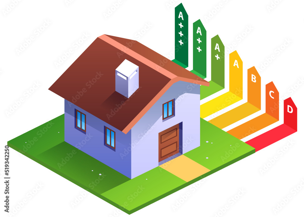 Energy Performance Certificate - Illustration of a house with EPC ratings - Power consumption of a property showing new ratings from A++ to E - Eco friendly energy, water, electricity