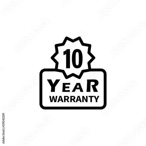 10 year warranty stamp on white background. Sign, label, sticker.