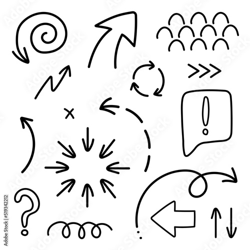 Curved and lines arrows - hand drawn. Vector set of arows on white Background. Doodle.