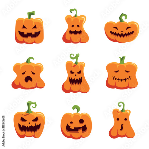 Set of cartoon pumpkins with funny faces. Halloween holidays. Orange pumpkin jack lantern characters. Spooky and angry carved faces for autumn holiday greeting card. Vector illustration.