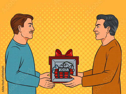 Friend gives friend gift with time bomb pop art retro vector illustration. Metaphor of betrayal. Comic book style imitation.