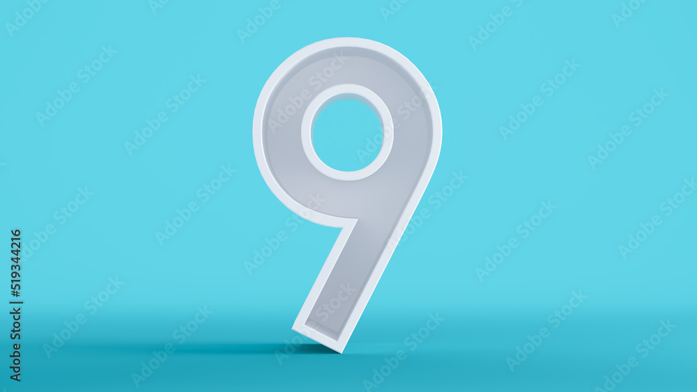 3D render of white number nine isolated on a colorful blue background, number 9 3D render of white number nine isolated on a colorful blue background, number 9