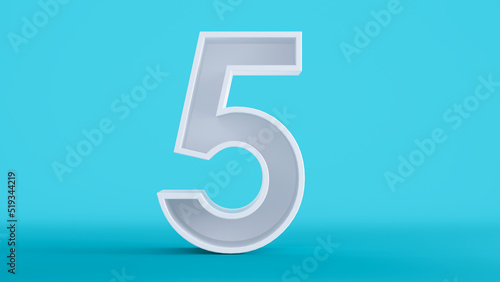 3D render of white number five isolated on a colorful blue background, number 5