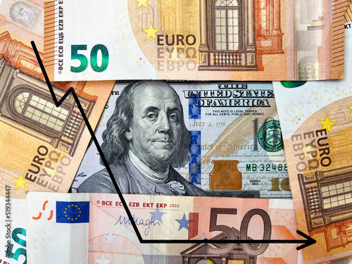 Background of hundred-dollar banknotes and fifty euros in close-up with a graph of the fall