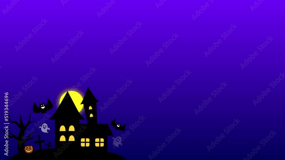 ハッピーハロウィンのアニメーション 文字なし
かぼちゃ　コウモリ　お城　お化け 
Apple ProRes 422 HQ MOV