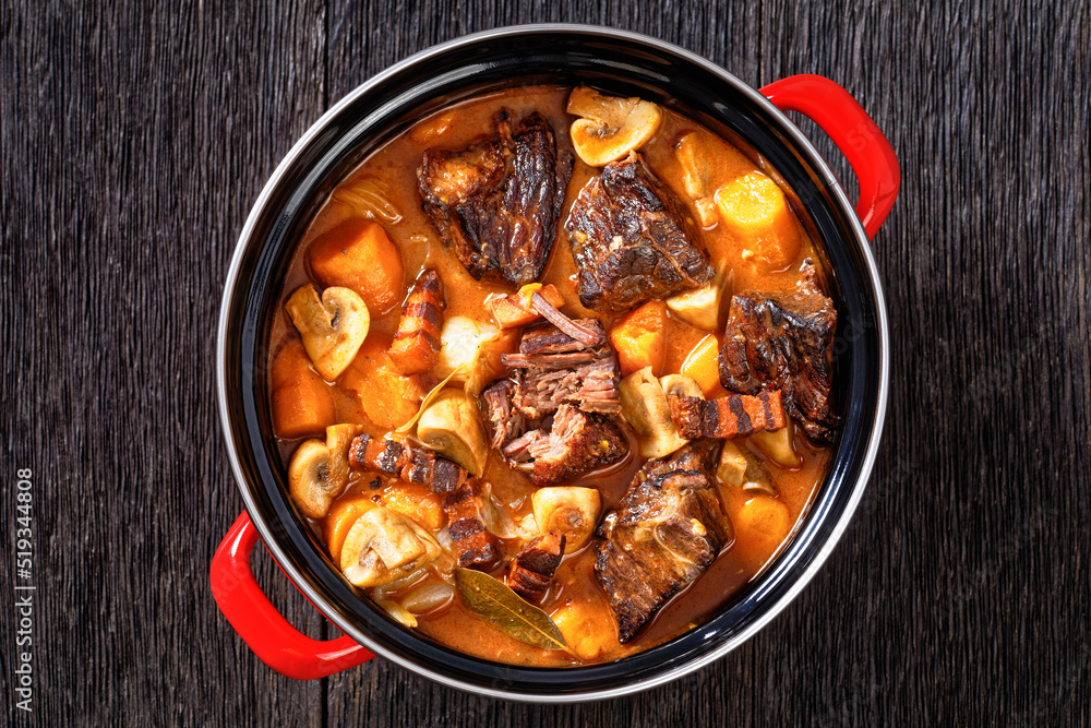 Beef Bourguignon, Beef Burgundy in pot, top view Beef Bourguignon, Beef Burgundy in pot, top view