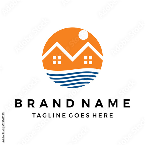 Flat coastal home logo design vector template