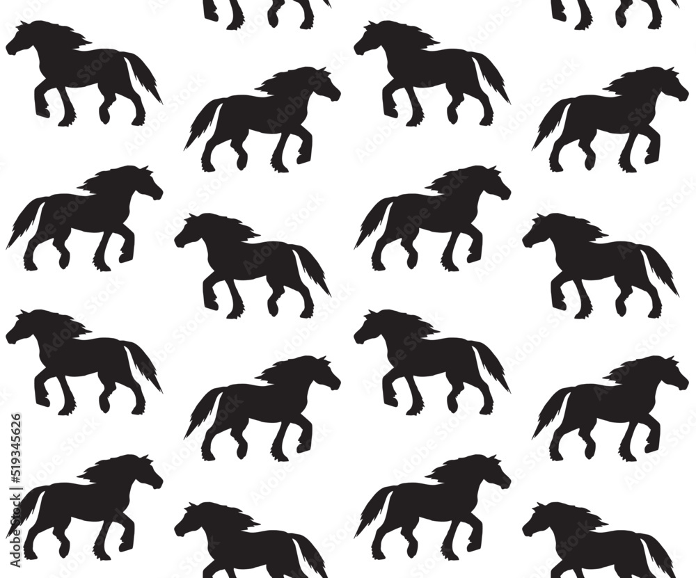 Vector seamless pattern of hand drawn gypsy horse silhouette isolated on white background