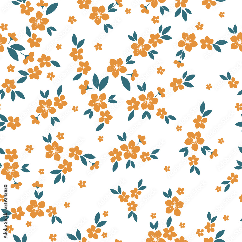 Simple vintage pattern. orange flowers, blue leaves. white  background. Fashionable print for textiles and wallpaper.