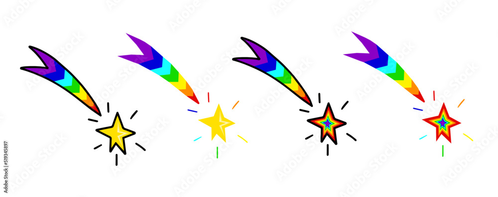 Shooting rainbow stars icon. Rainbow comet tail or star trail. Christmas star. Dream and success. Shooting rainbow stars icon. Rainbow comet tail or star trail. Christmas star. Dream and success.