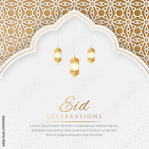 Eid Mubarak White and Golden Luxury Background with Decorative Islamic Arch and lanterns