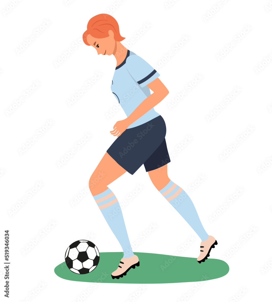 Sporty girl soccer player running kicking a ball with number 6 on t-shirt uniform. Profile view. Woman playing football. Colorful female character isolated on white background. Vector illustration. 