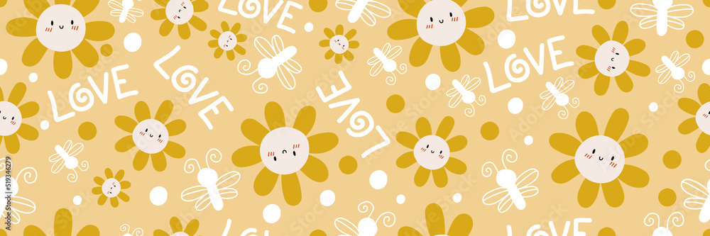 Fototapeta premium Cute sunflower love kiss doodle long pattern