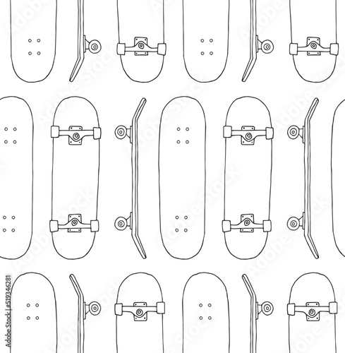 Vector seamless pattern of hand drawn doodle sketch skateboard isolated on white background