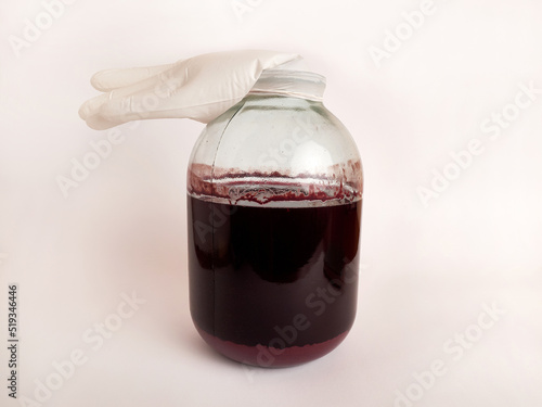 Preparation of homemade wine in a jar with a glove-shaped shutter.