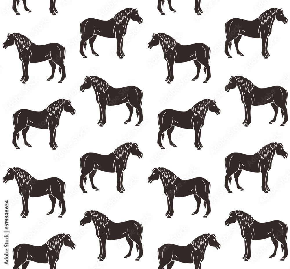 Vector seamless pattern of hand drawn doodle sketch black draft horse isolated on white background