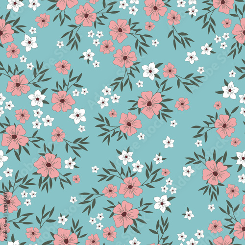 Simple vintage pattern. white and pink flowers, green leaves. light blue background. Fashionable print for textiles and wallpaper.