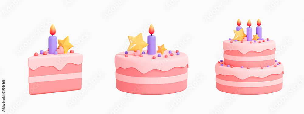 3D Birthday cake icon set with candles and decorations. Pink cake emoji ...